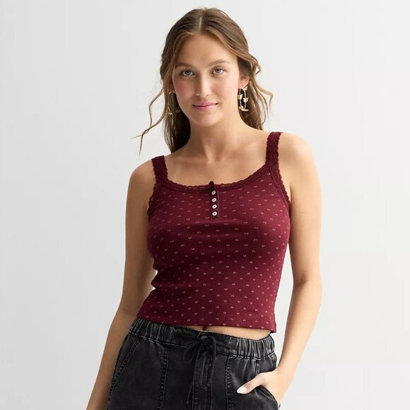 SO Maroon Lace Trim Bowtie Henley Cami - M - Picture 1 of 3